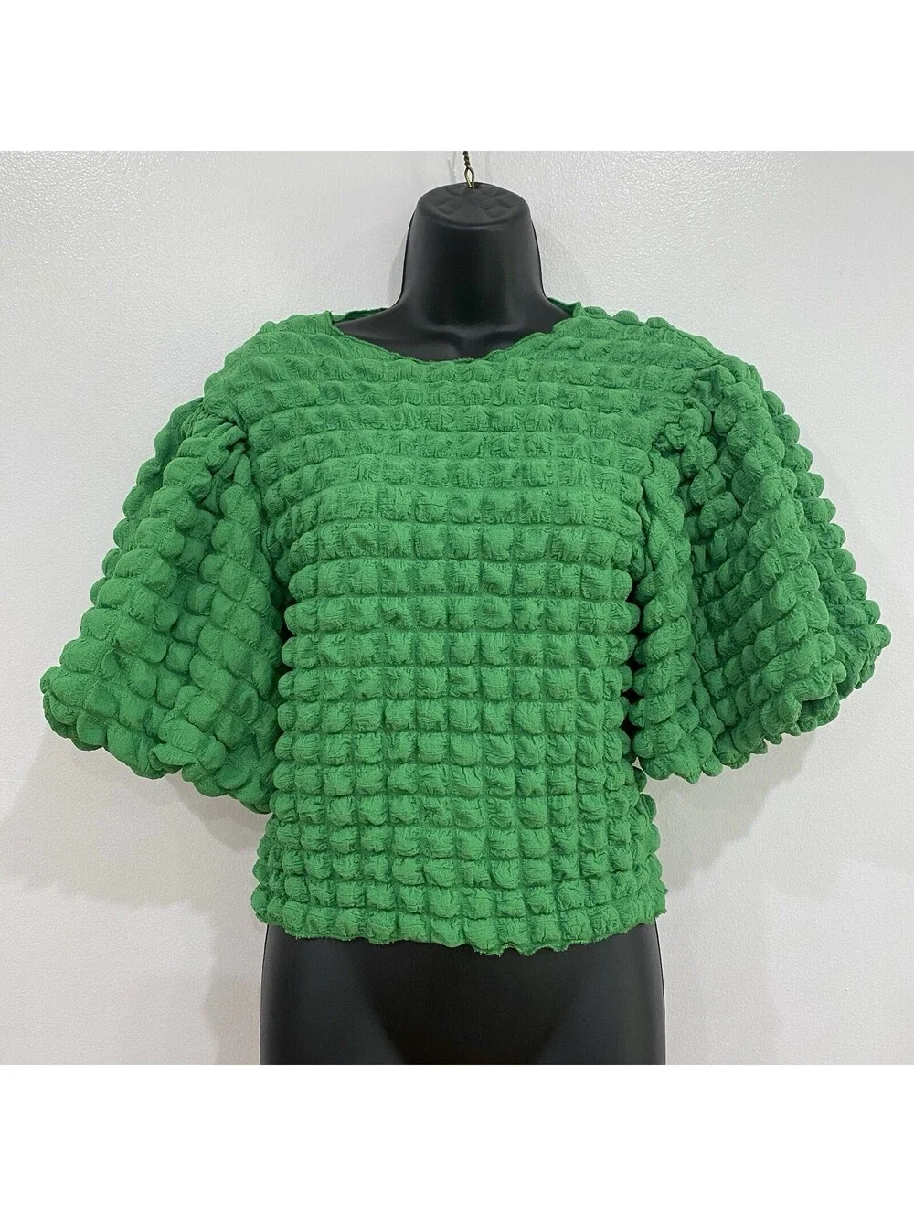 Anthropologie Eri + Ali Size S Textured Puff Sleeve Top Green Bubble Knit